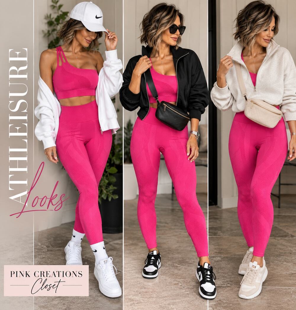 Fabletics Hot Pink Seamless One-Shoulder Sports Bra & Leggings Set Size Small